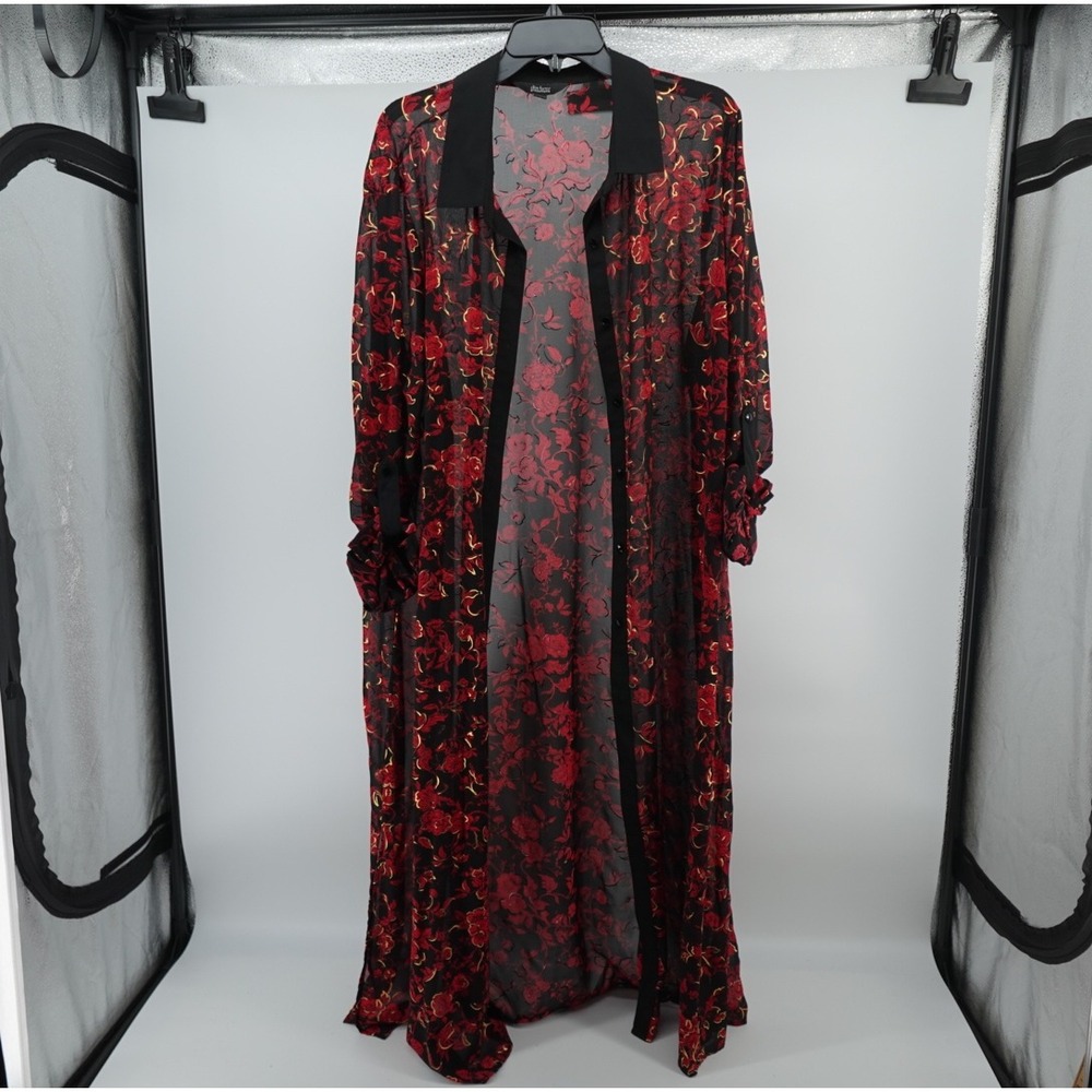 Slim Factor by Investments Red Floral Gold Foil Sheer Duster Cardigan XL